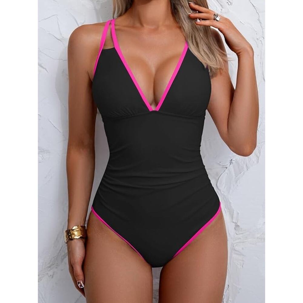 New Large V Neck Tummy Control One Piece Swimsuit